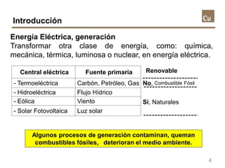 Introducción
Energía Eléctrica, generación
Transformar otra clase de energía, como: química,
mecánica, térmica, luminosa o...