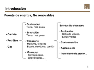 Introducción
Fuente de energía, No renovables
6
- Carbón
- Petróleo
- Gas
- Exploración
Tierra, mar, polos
- Extracción
Ti...