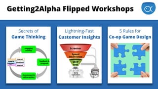 Lightning-Fast
Customer Insights
Secrets of
Game Thinking
5 Rules for
Co-op Game Design
Getting2Alpha Flipped Workshops
 