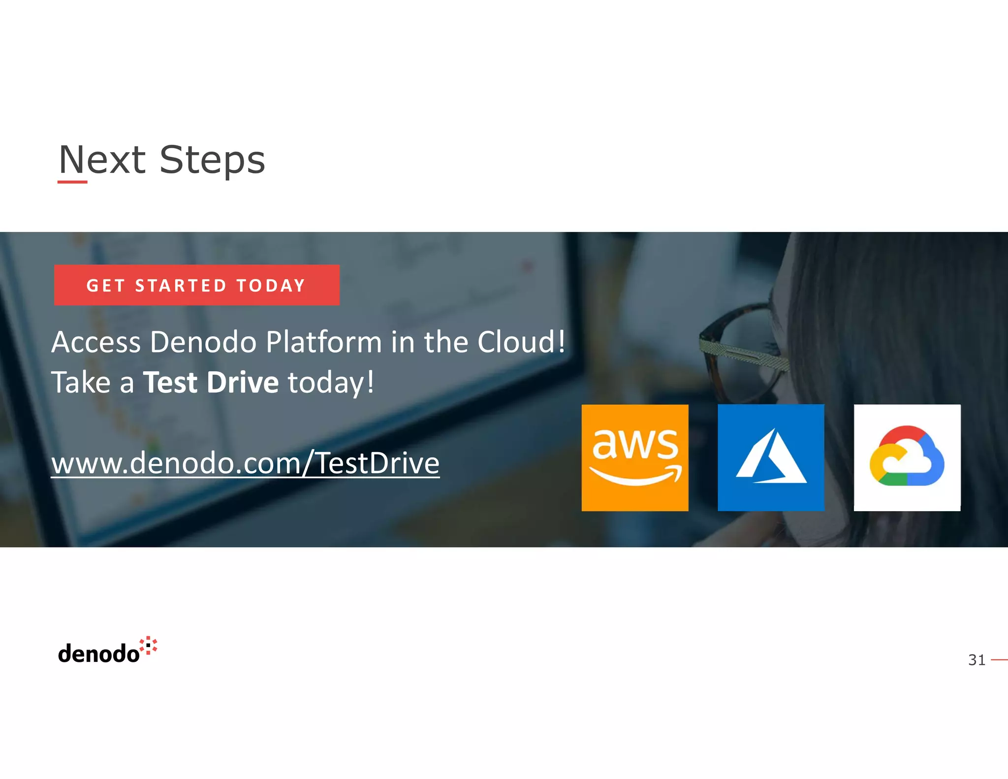 31
Next Steps
Access Denodo Platform in the Cloud!
Take a Test Drive today!
www.denodo.com/TestDrive
G E T S TA R T E D TO DAY
 