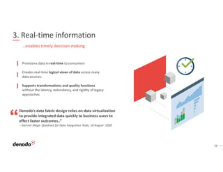 16
3. Real-time information
Provisions data in real-time to consumers
Creates real-time logical views of data across many
data sources.
Supports transformations and quality functions
without the latency, redundancy, and rigidity of legacy
approaches
…enables timely decision-making
Denodo’s data fabric design relies on data virtualization
to provide integrated data quickly to business users to
effect faster outcomes..”
– Gartner Magic Quadrant for Data Integration Tools, 18 August’ 2020
 