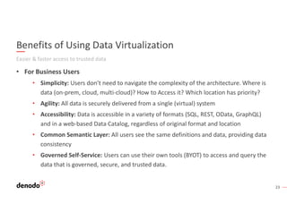 23
Benefits of Using Data Virtualization
Easier & faster access to trusted data
• For Business Users
• Simplicity: Users don’t need to navigate the complexity of the architecture. Where is
data (on-prem, cloud, multi-cloud)? How to Access it? Which location has priority?
• Agility: All data is securely delivered from a single (virtual) system
• Accessibility: Data is accessible in a variety of formats (SQL, REST, OData, GraphQL)
and in a web-based Data Catalog, regardless of original format and location
• Common Semantic Layer: All users see the same definitions and data, providing data
consistency
• Governed Self-Service: Users can use their own tools (BYOT) to access and query the
data that is governed, secure, and trusted data.
 