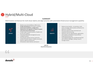 36
Hybrid/Multi-Cloud
3
• Ready-to-use and available on AWS, Azure,
Google Marketplaces and Docker Container.
• Automated installation, configuration,
deployment and upgrade of clusters in hybrid
and multi-cloud environments
• A wide range of capacity options. Flexible rent-
by-the-hour options.
• Centralized Metadata management across
multiple locations.
• One Denodo instance can be a source for
another Denodo instance. Enables convenient,
layered, regional architectures.
• Orchestrate, Audit, Monitor, and Govern
DETAILS
• Deploy at any location - on-premises, multi-
cloud, and edge. Multi-location architecture for
Maximum Flexibility.
• Minimize expensive data movement and
maximize local processing.
• Optimize costs by migrating data, applications,
and analytics workloads to cloud without
impacting the business.
• Full integrated Diagnostic and Monitoring Tool
with Solutions Manager, making it easy to
manage clusters
BENEFITS
SUMMARY
Multi-location architecture for multi-cloud, hybrid, and edge scenarios with automated infrastructure management capability
USED BY
Cloud-first Enterprises
 