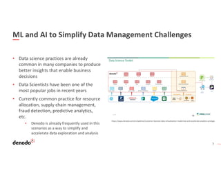 7
ML and AI to Simplify Data Management Challenges
▪ Data science practices are already
common in many companies to produce
better insights that enable business
decisions
▪ Data Scientists have been one of the
most popular jobs in recent years
▪ Currently common practice for resource
allocation, supply chain management,
fraud detection, predictive analytics,
etc.
▪ Denodo is already frequently used in this
scenarios as a way to simplify and
accelerate data exploration and analysis
https://www.denodo.com/en/webinar/customer-keynote-data-virtualization-modernize-and-accelerate-analytics-prologis
 