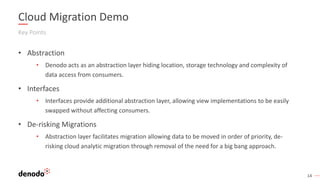 14
Cloud Migration Demo
Key Points
• Abstraction
• Denodo acts as an abstraction layer hiding location, storage technology and complexity of
data access from consumers.
• Interfaces
• Interfaces provide additional abstraction layer, allowing view implementations to be easily
swapped without affecting consumers.
• De-risking Migrations
• Abstraction layer facilitates migration allowing data to be moved in order of priority, de-
risking cloud analytic migration through removal of the need for a big bang approach.
 