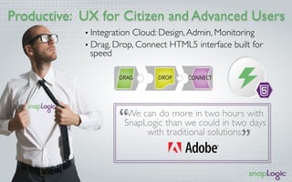 Productive: UX for Citizen and Advanced Users
We can do more in two hours with
SnapLogic than we could in two days
with traditional solutions.
•  Integration Cloud: Design,Admin, Monitoring
•  Drag, Drop, Connect HTML5 interface built for
speed
 