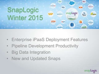 SnapLogic 
Winter 2015 
• Enterprise iPaaS Deployment Features 
• Pipeline Development Productivity 
• Big Data Integration 
• New and Updated Snaps 
www.SnapLogic.com/winter2015 
 