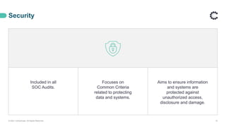 Security
© 2021 ControlCase. All Rights Reserved. 15
Included in all
SOC Audits.
Focuses on
Common Criteria
related to protecting
data and systems.
Aims to ensure information
and systems are
protected against
unauthorized access,
disclosure and damage.
 