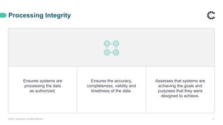 Processing Integrity
© 2021 ControlCase. All Rights Reserved. 21
Ensures systems are
processing the data
as authorized.
Ensures the accuracy,
completeness, validity and
timeliness of the data.
Assesses that systems are
achieving the goals and
purposes that they were
designed to achieve.
 