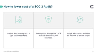 How to lower cost of a SOC 2 Audit?
© 2021 ControlCase. All Rights Reserved. 35
Partner with existing SOC 2
Type 2 Attested MSPs.
Identify most appropriate TSCs
that are relevant to your
business.
Scope Reduction – architect
the network to reduce scope.
 