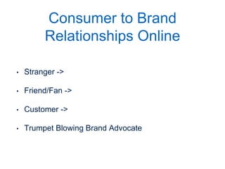 Consumer to Brand
Relationships Online
• Stranger —>
• Friend/Fan —>
• Customer —>
• Trumpet Blowing Brand Advocate
Strangers become friends by either incentive or recommendation.

Friends listen and pay attention.

Customers buy.

Trumpet blowing brand advocates will go out and tell your story to tons of strangers for FREE!
 