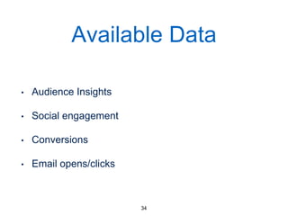 Available Data
• Audience Insights
• Social engagement
• Conversions
• Email opens/clicks
34
 