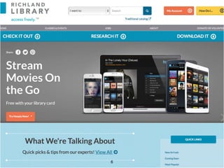 6
I also led the development of RichlandLibrary.com, a first of it’s kind library website that reduced the number of steps a library customer has to go through
to put a book on hold or read an article online.
 