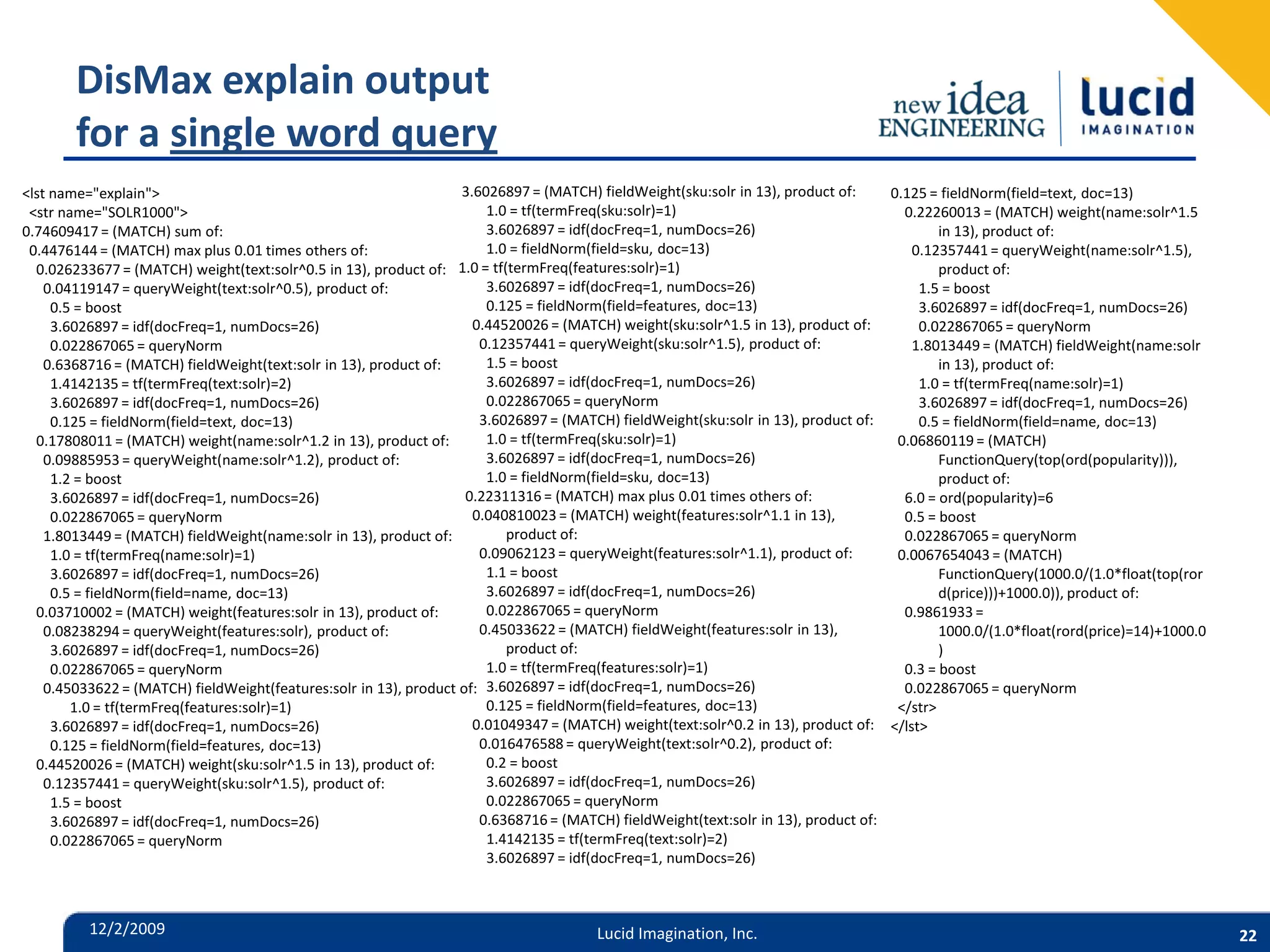 DisMax explain output for a single word query <lst name="explain"> 3.6026897 = (MATCH) fieldWeight(sku:solr in 13), product of: 0.125 = fieldNorm(field=text, doc=13) <str name="SOLR1000"> 1.0 = tf(termFreq(sku:solr)=1) 0.22260013 = (MATCH) weight(name:solr^1.5 0.74609417 = (MATCH) sum of: 3.6026897 = idf(docFreq=1, numDocs=26) in 13), product of: 0.4476144 = (MATCH) max plus 0.01 times others of: 1.0 = fieldNorm(field=sku, doc=13) 0.12357441 = queryWeight(name:solr^1.5), 0.026233677 = (MATCH) weight(text:solr^0.5 in 13), product of: 1.0 = tf(termFreq(features:solr)=1) product of: 0.04119147 = queryWeight(text:solr^0.5), product of: 3.6026897 = idf(docFreq=1, numDocs=26) 1.5 = boost 0.5 = boost 0.125 = fieldNorm(field=features, doc=13) 3.6026897 = idf(docFreq=1, numDocs=26) 3.6026897 = idf(docFreq=1, numDocs=26) 0.44520026 = (MATCH) weight(sku:solr^1.5 in 13), product of: 0.022867065 = queryNorm 0.022867065 = queryNorm 0.12357441 = queryWeight(sku:solr^1.5), product of: 1.8013449 = (MATCH) fieldWeight(name:solr 0.6368716 = (MATCH) fieldWeight(text:solr in 13), product of: 1.5 = boost in 13), product of: 1.4142135 = tf(termFreq(text:solr)=2) 3.6026897 = idf(docFreq=1, numDocs=26) 1.0 = tf(termFreq(name:solr)=1) 3.6026897 = idf(docFreq=1, numDocs=26) 0.022867065 = queryNorm 3.6026897 = idf(docFreq=1, numDocs=26) 0.125 = fieldNorm(field=text, doc=13) 3.6026897 = (MATCH) fieldWeight(sku:solr in 13), product of: 0.5 = fieldNorm(field=name, doc=13) 0.17808011 = (MATCH) weight(name:solr^1.2 in 13), product of: 1.0 = tf(termFreq(sku:solr)=1) 0.06860119 = (MATCH) 0.09885953 = queryWeight(name:solr^1.2), product of: 3.6026897 = idf(docFreq=1, numDocs=26) FunctionQuery(top(ord(popularity))), 1.2 = boost 1.0 = fieldNorm(field=sku, doc=13) product of: 3.6026897 = idf(docFreq=1, numDocs=26) 0.22311316 = (MATCH) max plus 0.01 times others of: 6.0 = ord(popularity)=6 0.022867065 = queryNorm 0.040810023 = (MATCH) weight(features:solr^1.1 in 13), 0.5 = boost 1.8013449 = (MATCH) fieldWeight(name:solr in 13), product of: product of: 0.022867065 = queryNorm 1.0 = tf(termFreq(name:solr)=1) 0.09062123 = queryWeight(features:solr^1.1), product of: 0.0067654043 = (MATCH) 3.6026897 = idf(docFreq=1, numDocs=26) 1.1 = boost FunctionQuery(1000.0/(1.0*float(top(ror 0.5 = fieldNorm(field=name, doc=13) 3.6026897 = idf(docFreq=1, numDocs=26) d(price)))+1000.0)), product of: 0.03710002 = (MATCH) weight(features:solr in 13), product of: 0.022867065 = queryNorm 0.9861933 = 0.08238294 = queryWeight(features:solr), product of: 0.45033622 = (MATCH) fieldWeight(features:solr in 13), 1000.0/(1.0*float(rord(price)=14)+1000.0 3.6026897 = idf(docFreq=1, numDocs=26) product of: ) 0.022867065 = queryNorm 1.0 = tf(termFreq(features:solr)=1) 0.3 = boost 0.45033622 = (MATCH) fieldWeight(features:solr in 13), product of: 3.6026897 = idf(docFreq=1, numDocs=26) 0.022867065 = queryNorm 1.0 = tf(termFreq(features:solr)=1) 0.125 = fieldNorm(field=features, doc=13) </str> 3.6026897 = idf(docFreq=1, numDocs=26) 0.01049347 = (MATCH) weight(text:solr^0.2 in 13), product of: </lst> 0.125 = fieldNorm(field=features, doc=13) 0.016476588 = queryWeight(text:solr^0.2), product of: 0.44520026 = (MATCH) weight(sku:solr^1.5 in 13), product of: 0.2 = boost 0.12357441 = queryWeight(sku:solr^1.5), product of: 3.6026897 = idf(docFreq=1, numDocs=26) 1.5 = boost 0.022867065 = queryNorm 3.6026897 = idf(docFreq=1, numDocs=26) 0.6368716 = (MATCH) fieldWeight(text:solr in 13), product of: 0.022867065 = queryNorm 1.4142135 = tf(termFreq(text:solr)=2) 3.6026897 = idf(docFreq=1, numDocs=26) 12/2/2009 Lucid Imagination, Inc. 22 