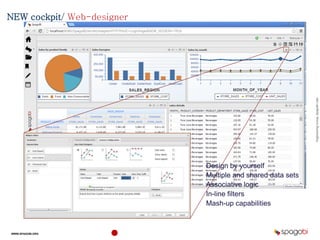 EngineeringGroup,SpagoBILabs
WWW.SPAGOBI.ORG
7
NEW cockpit/ Web-designer
Design by yourself
Multiple and shared data sets
Associative logic
In-line filters
Mash-up capabilities
 