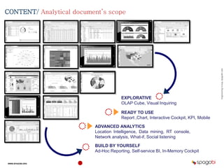 EngineeringGroup,SpagoBILabs
WWW.SPAGOBI.ORG
CONTENT/ Analytical document’s scope
READY TO USE
Report ,Chart, Interactive Cockpit, KPI, Mobile
EXPLORATIVE
OLAP Cube, Visual Inquiring
BUILD BY YOURSELF
Ad-Hoc Reporting, Self-service BI, In-Memory Cockpit
ADVANCED ANALYTICS
Location Intelligence, Data mining, RT console,
Network analysis, What-if, Social listening
 