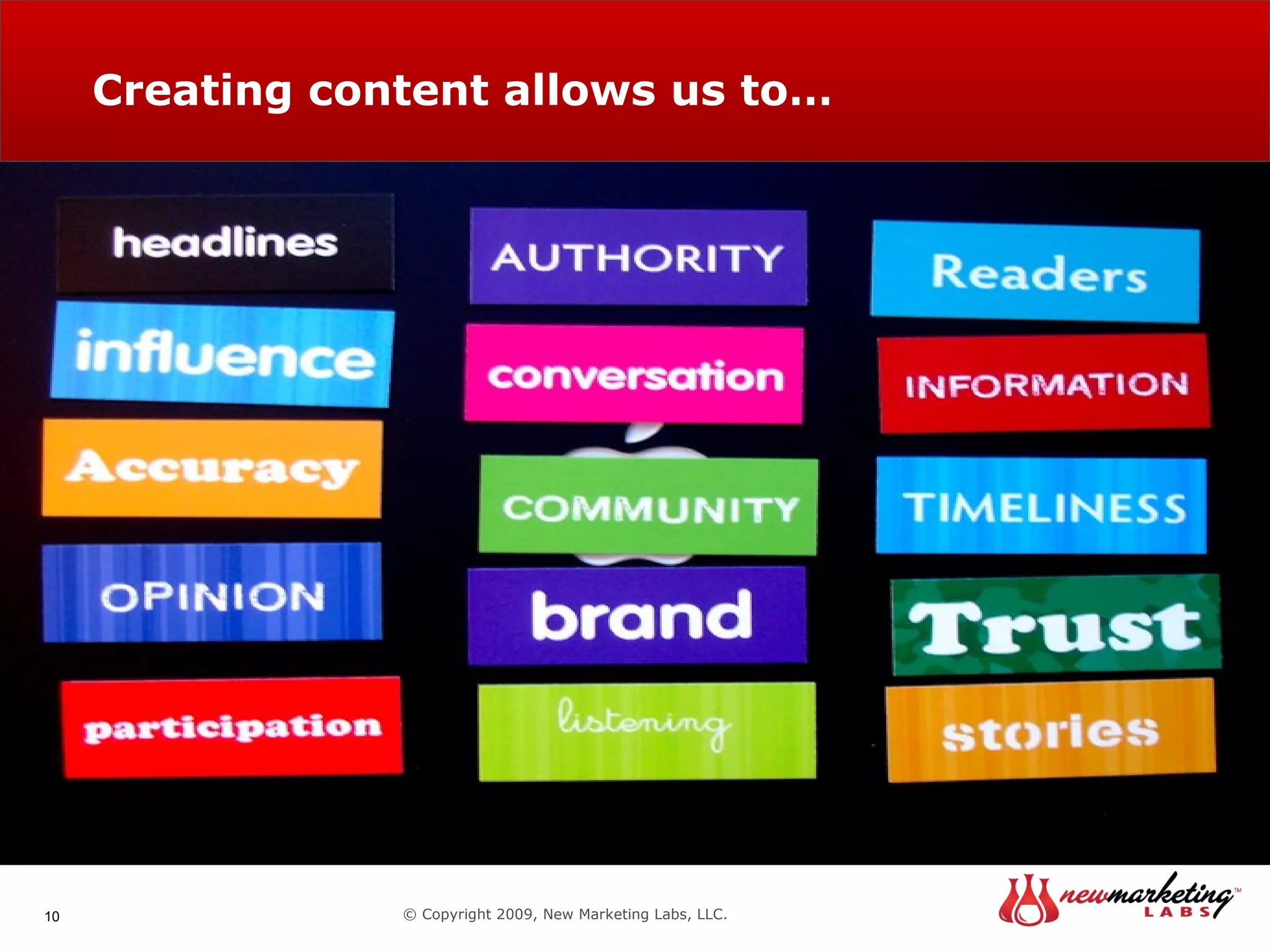Creating content allows us to… © Copyright 2009, New Marketing Labs, LLC. 