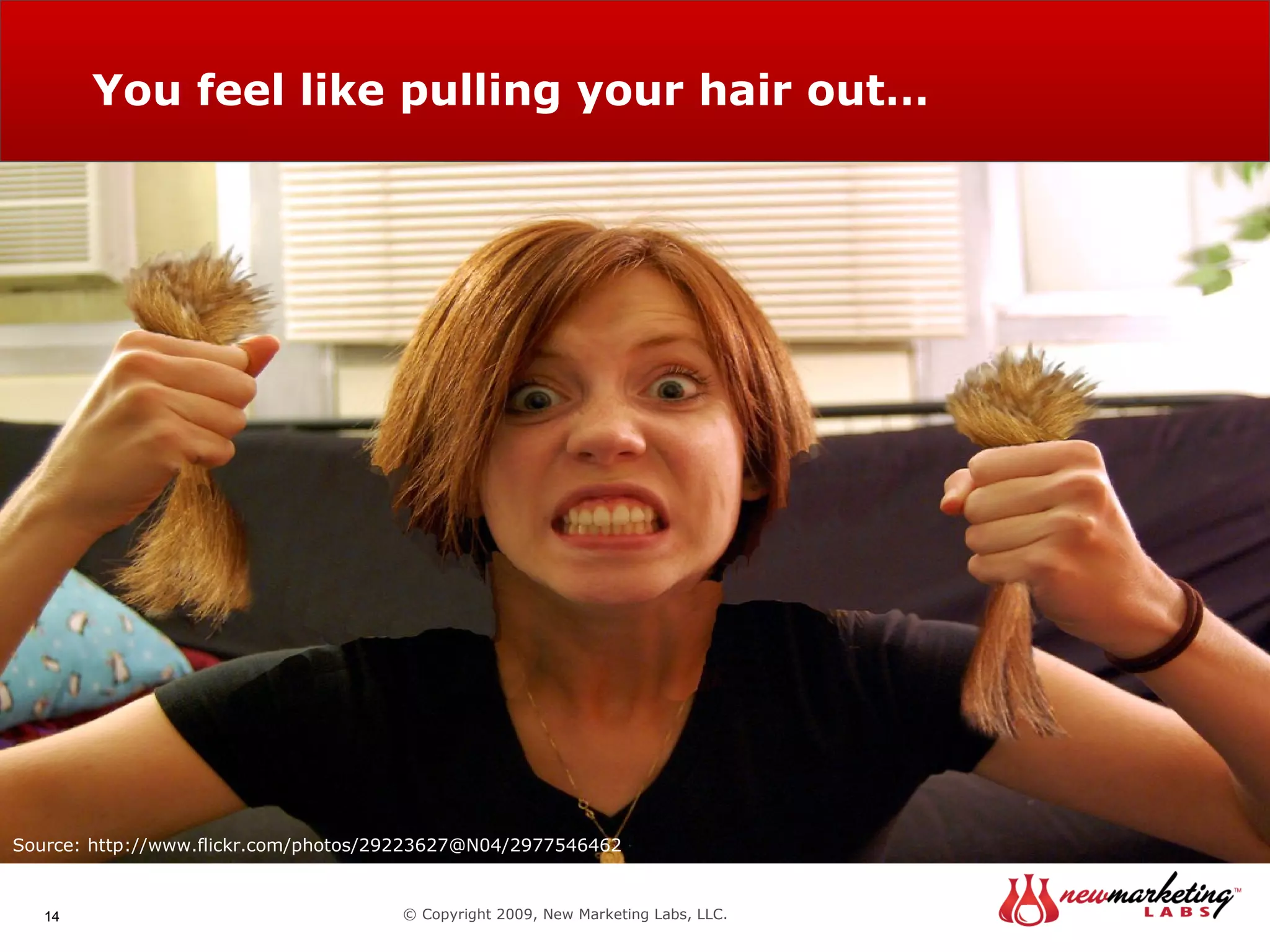 You feel like pulling your hair out… © Copyright 2009, New Marketing Labs, LLC. Source: http://www.flickr.com/photos/29223627@N04/2977546462 