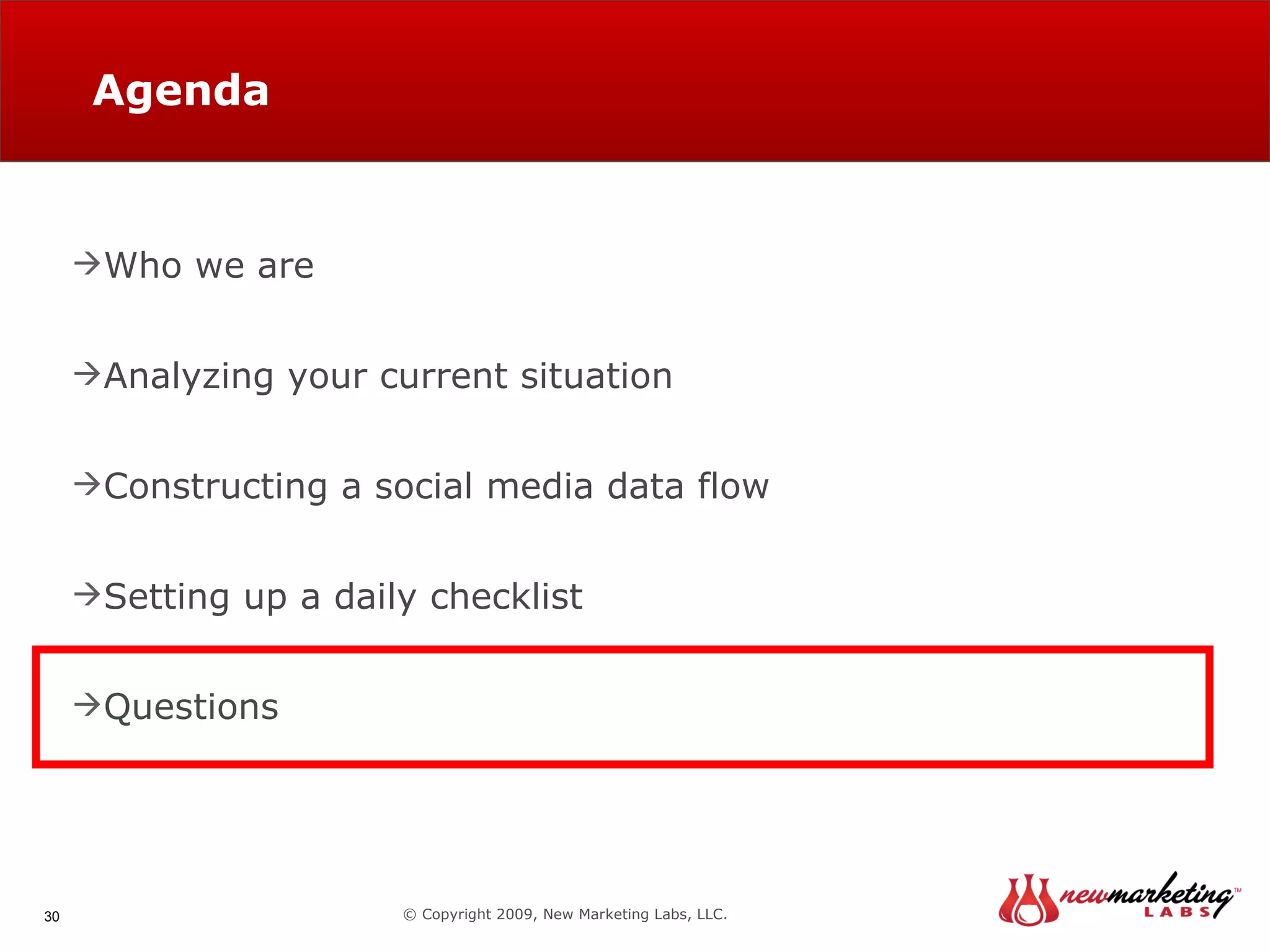 Agenda © Copyright 2009, New Marketing Labs, LLC. Who we are Analyzing your current situation Constructing a social media data flow Setting up a daily checklist Questions 
