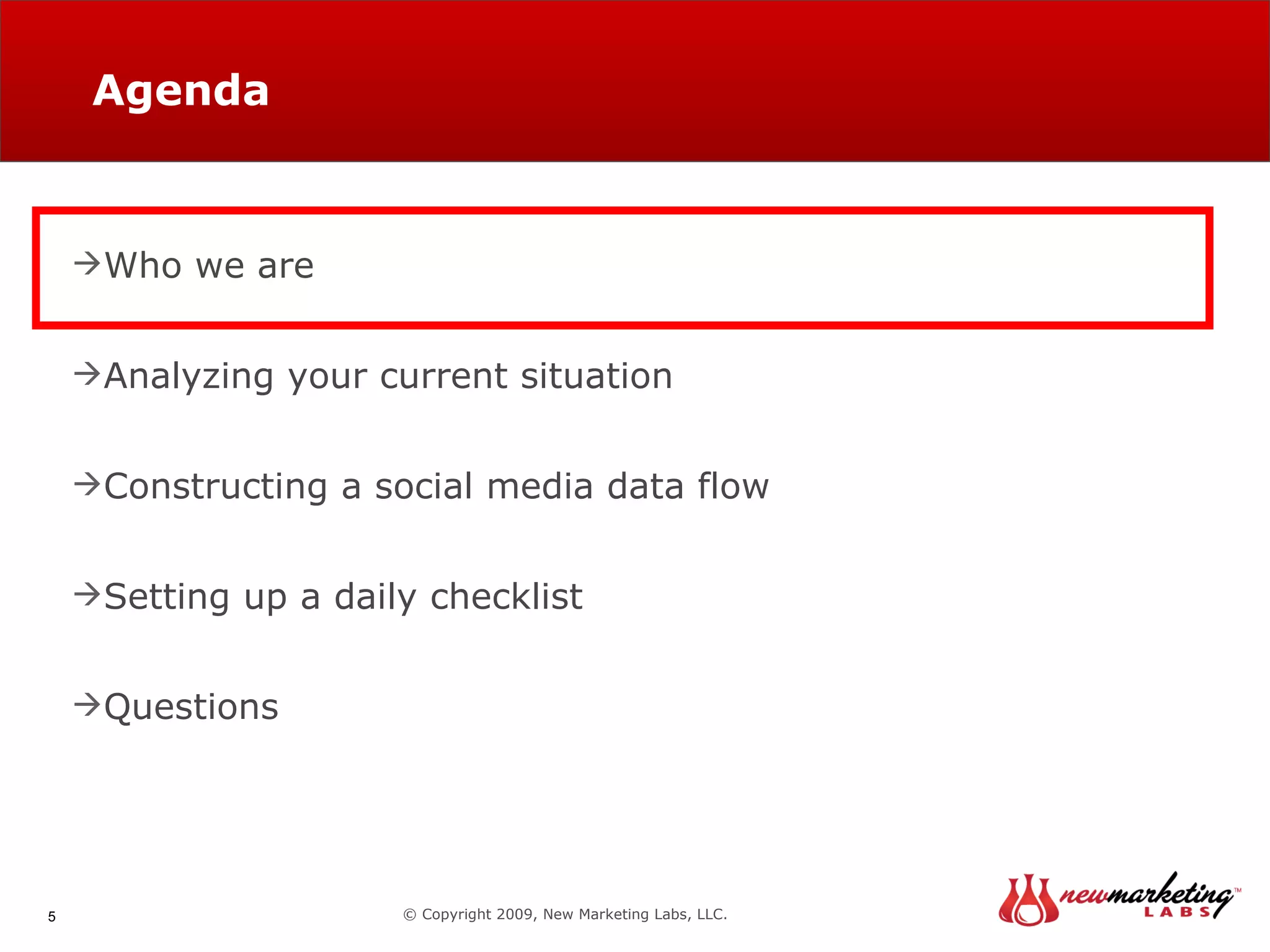 Agenda © Copyright 2009, New Marketing Labs, LLC. Who we are Analyzing your current situation Constructing a social media data flow Setting up a daily checklist Questions 