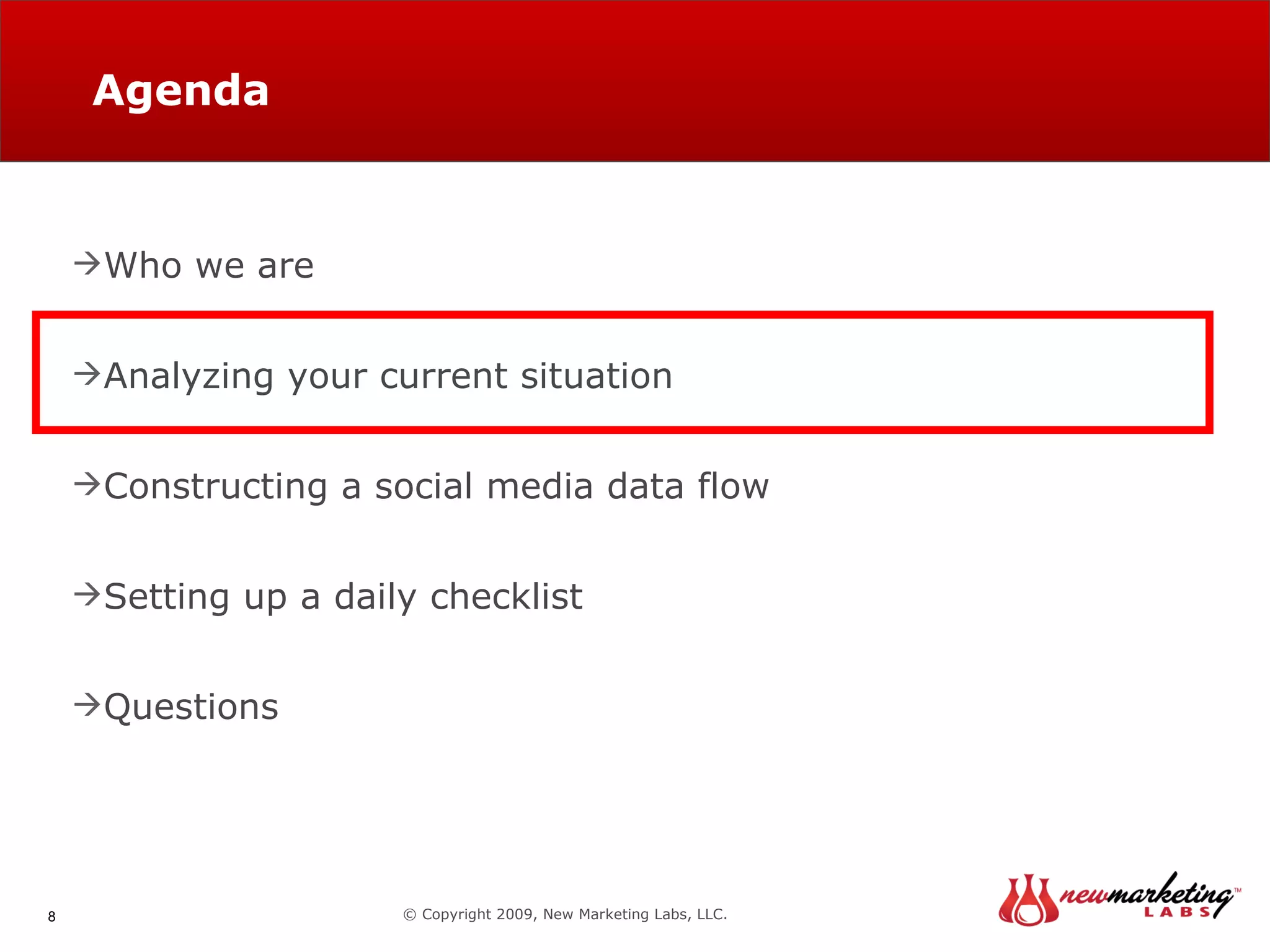 Agenda © Copyright 2009, New Marketing Labs, LLC. Who we are Analyzing your current situation Constructing a social media data flow Setting up a daily checklist Questions 