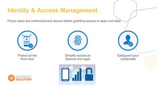 Simplify access to
devices and apps
Protect at the
front door
Safeguard your
credentials
Identity & Access Management
Prove users are authorized and secure before granting access to apps and data
 