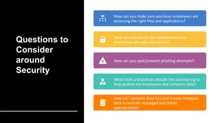 Questions to
Consider
around
Security
How can you make sure you/your employees are
accessing the right files and applications?
How can you ensure the devices you/your
employees are safe and secure?
How can you spot/prevent phishing attempts?
What tools and policies should I be considering to
help protect my employees and company data?
How can I prevent data loss and ensure company
data is centrally managed and stored
appropriately?
 