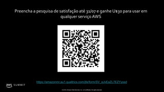 © 2019, Amazon Web Services, Inc. or its affiliates. All rights reserved.
S U M M I T
https://amazonmr.au1.qualtrics.com/jfe/form/SV_eJvEaZL7EZYyssd
Preencha a pesquisa de satisfação até 31/07 e ganhe U$30 para usar em
qualquer serviço AWS
 