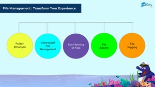 File Management : Transform Your Experience
Folder
Structure
Centralized
File
Management
Easy Syncing
of Files
File
Search
File
Tagging
 