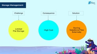 Storage Management
Challenge Consequence Solution
Limited
File Storage
High Cost
Storing
Salesforce Files
Externally
 