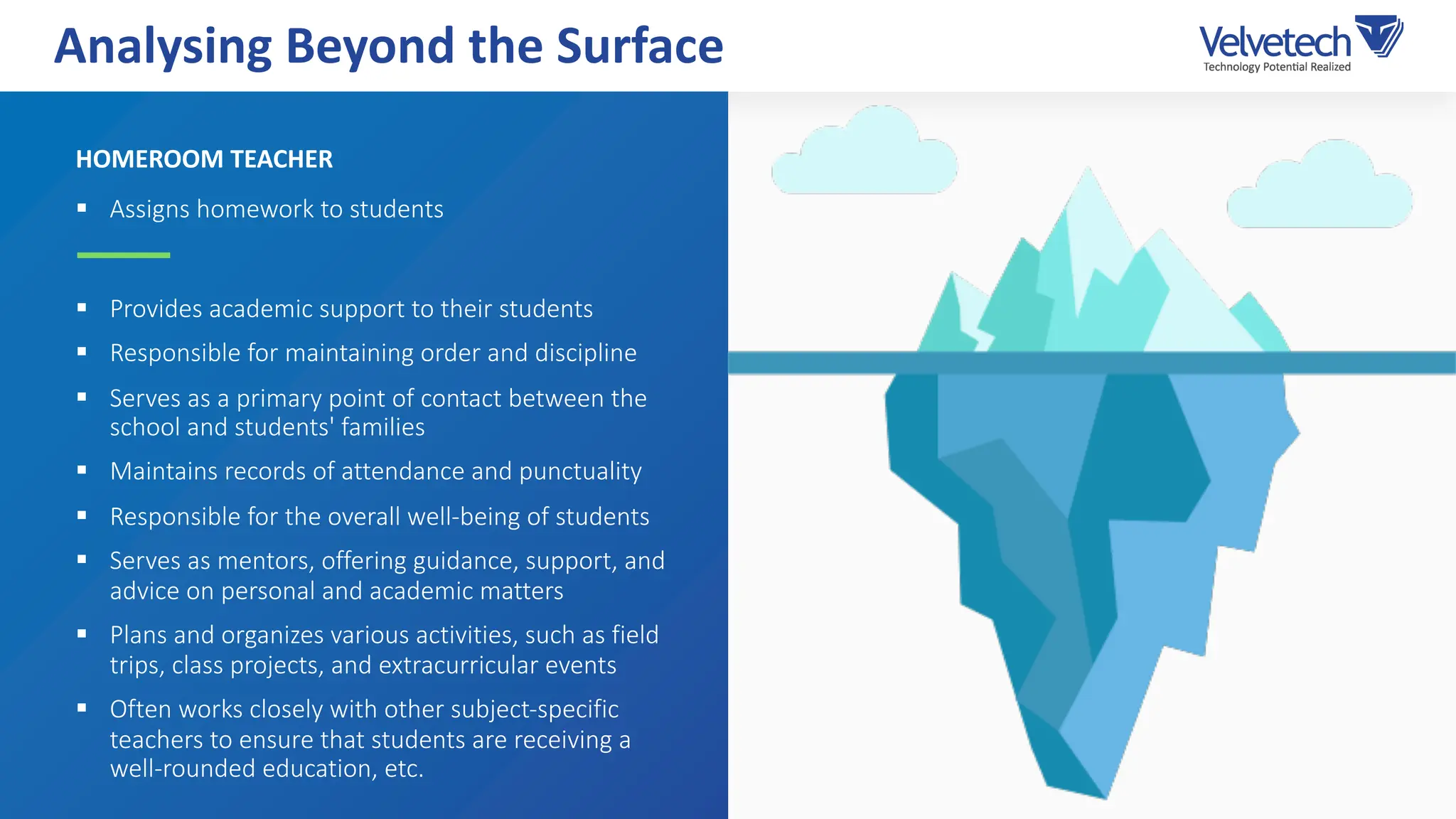 HOMEROOM TEACHER
§ Assigns homework to students
§ Provides academic support to their students
§ Responsible for maintaining order and discipline
§ Serves as a primary point of contact between the
school and students' families
§ Maintains records of attendance and punctuality
§ Responsible for the overall well-being of students
§ Serves as mentors, offering guidance, support, and
advice on personal and academic matters
§ Plans and organizes various activities, such as field
trips, class projects, and extracurricular events
§ Often works closely with other subject-specific
teachers to ensure that students are receiving a
well-rounded education, etc.
Analysing Beyond the Surface
 