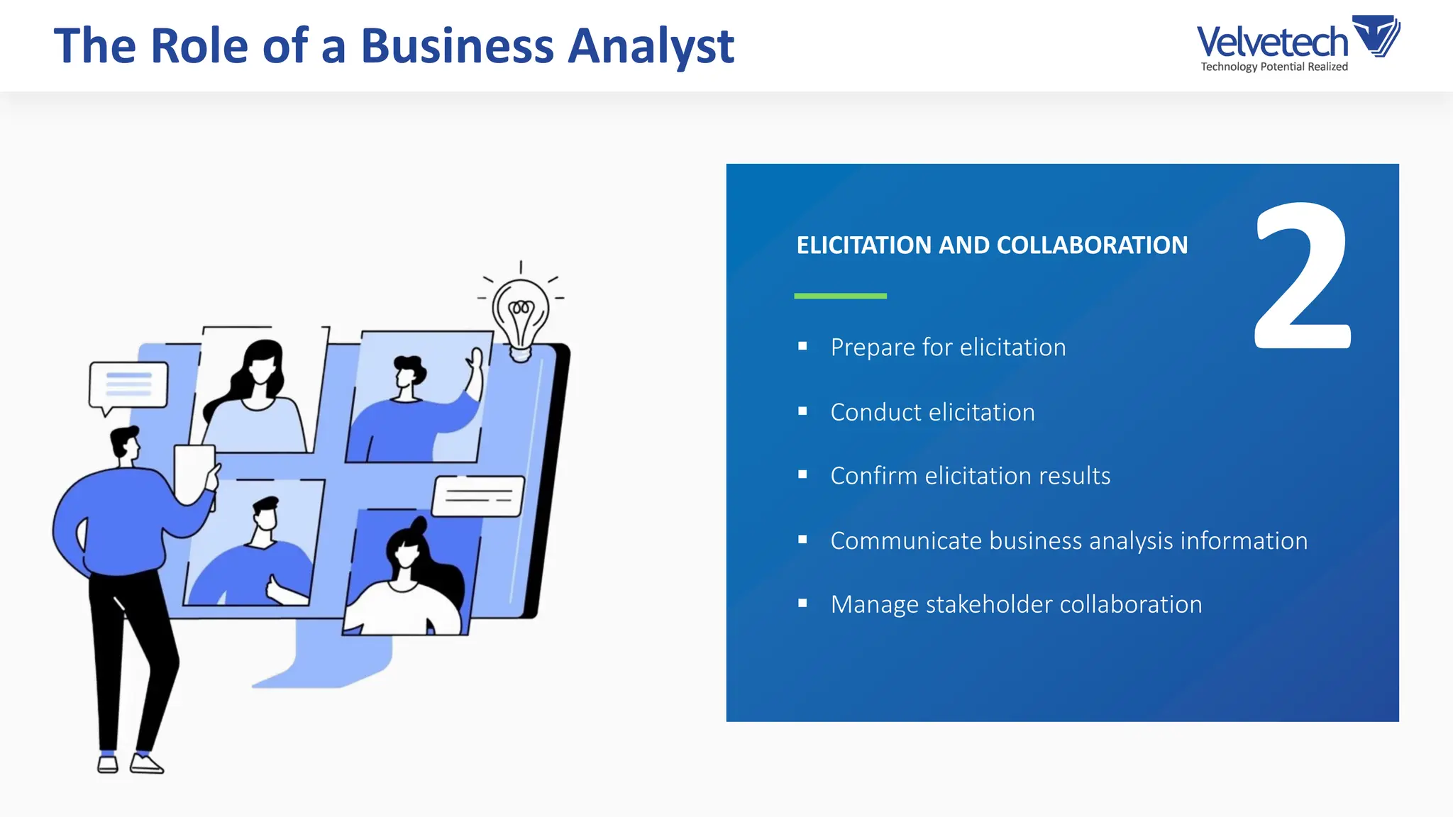 § Prepare for elicitation
§ Conduct elicitation
§ Confirm elicitation results
§ Communicate business analysis information
§ Manage stakeholder collaboration
The Role of a Business Analyst
ELICITATION AND COLLABORATION
2
 