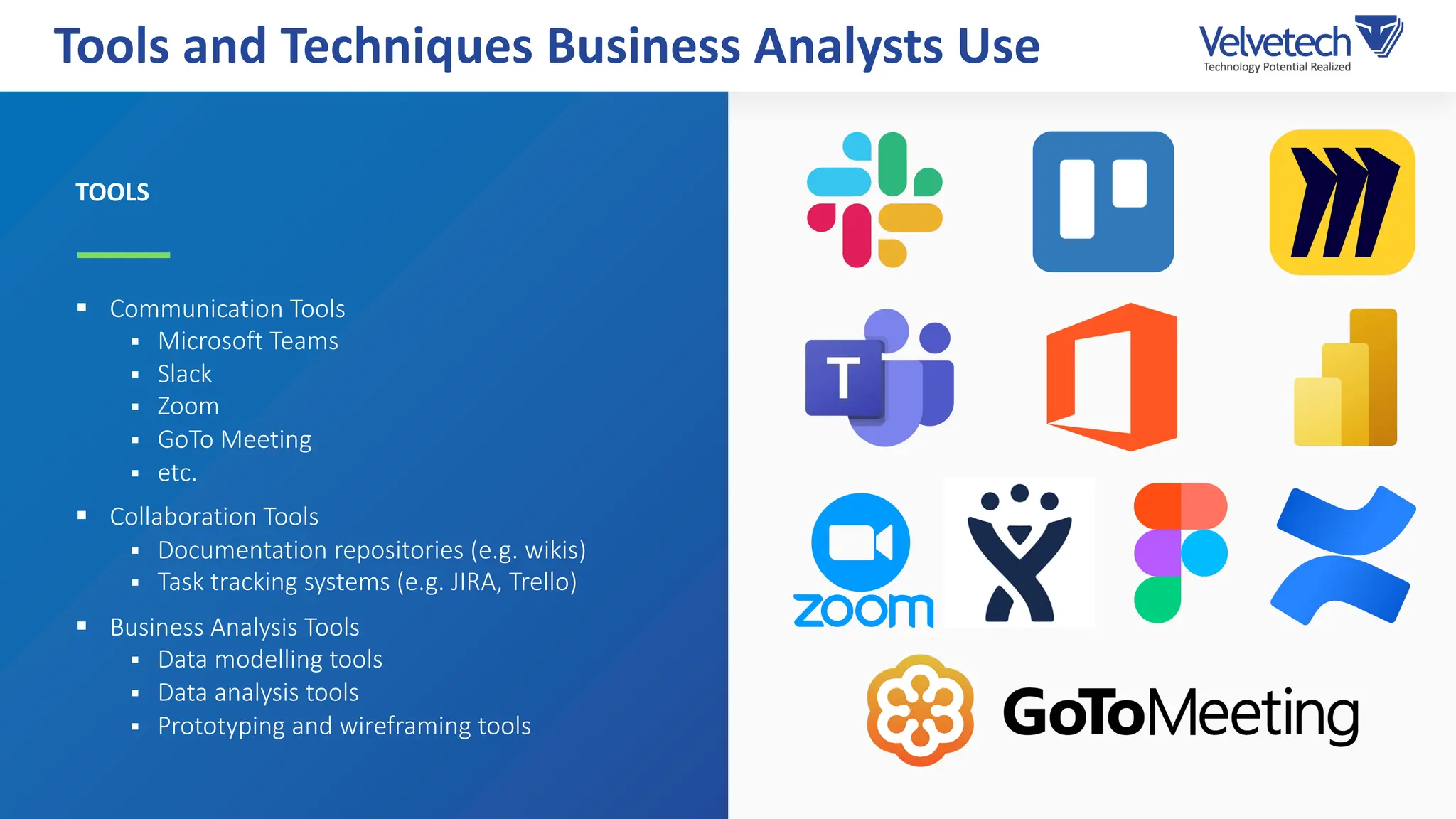 TOOLS
§ Communication Tools
§ Microsoft Teams
§ Slack
§ Zoom
§ GoTo Meeting
§ etc.
§ Collaboration Tools
§ Documentation repositories (e.g. wikis)
§ Task tracking systems (e.g. JIRA, Trello)
§ Business Analysis Tools
§ Data modelling tools
§ Data analysis tools
§ Prototyping and wireframing tools
Tools and Techniques Business Analysts Use
 