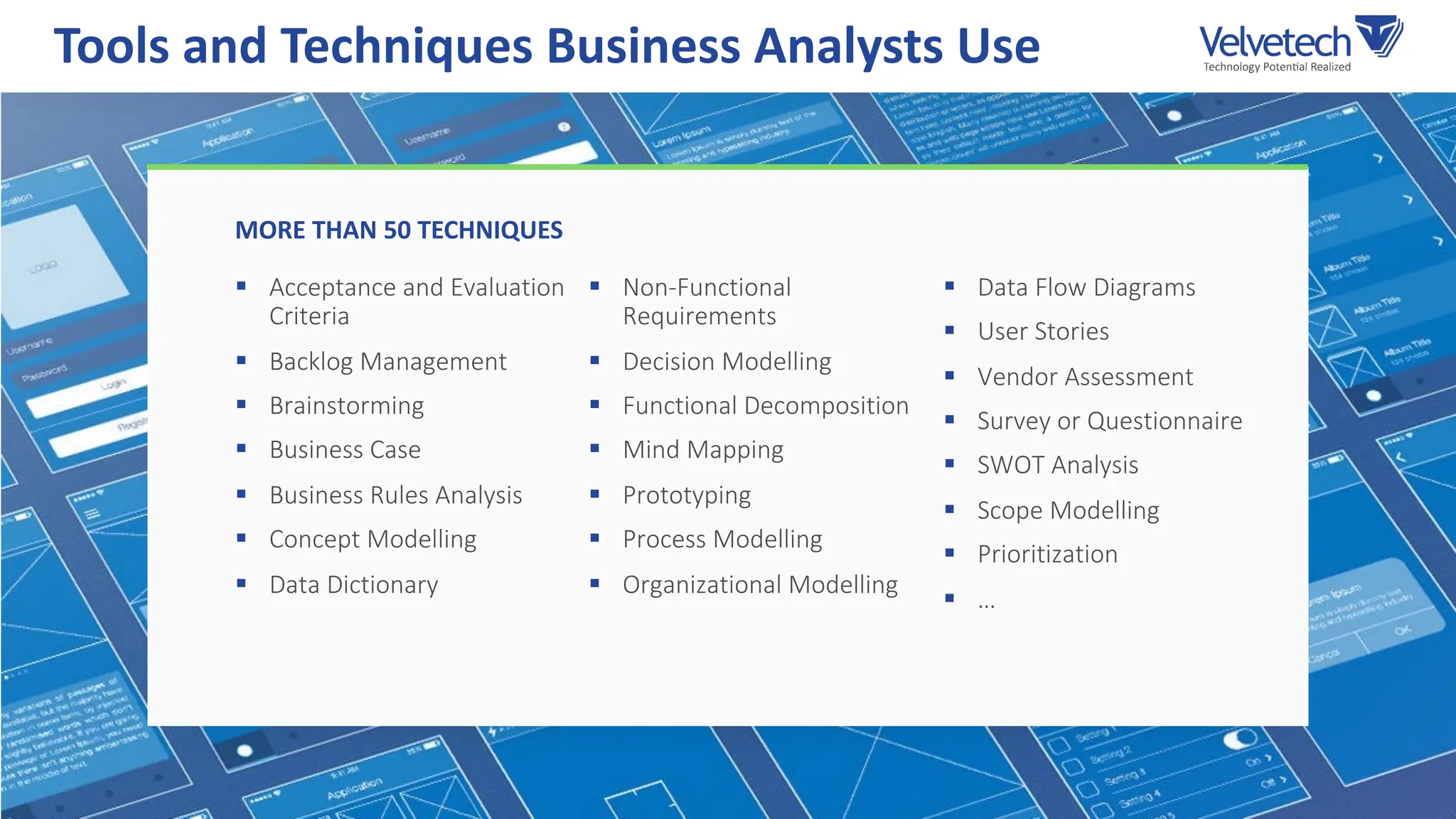 § Acceptance and Evaluation
Criteria
§ Backlog Management
§ Brainstorming
§ Business Case
§ Business Rules Analysis
§ Concept Modelling
§ Data Dictionary
§ Non-Functional
Requirements
§ Decision Modelling
§ Functional Decomposition
§ Mind Mapping
§ Prototyping
§ Process Modelling
§ Organizational Modelling
§ Data Flow Diagrams
§ User Stories
§ Vendor Assessment
§ Survey or Questionnaire
§ SWOT Analysis
§ Scope Modelling
§ Prioritization
§ …
Tools and Techniques Business Analysts Use
MORE THAN 50 TECHNIQUES
 