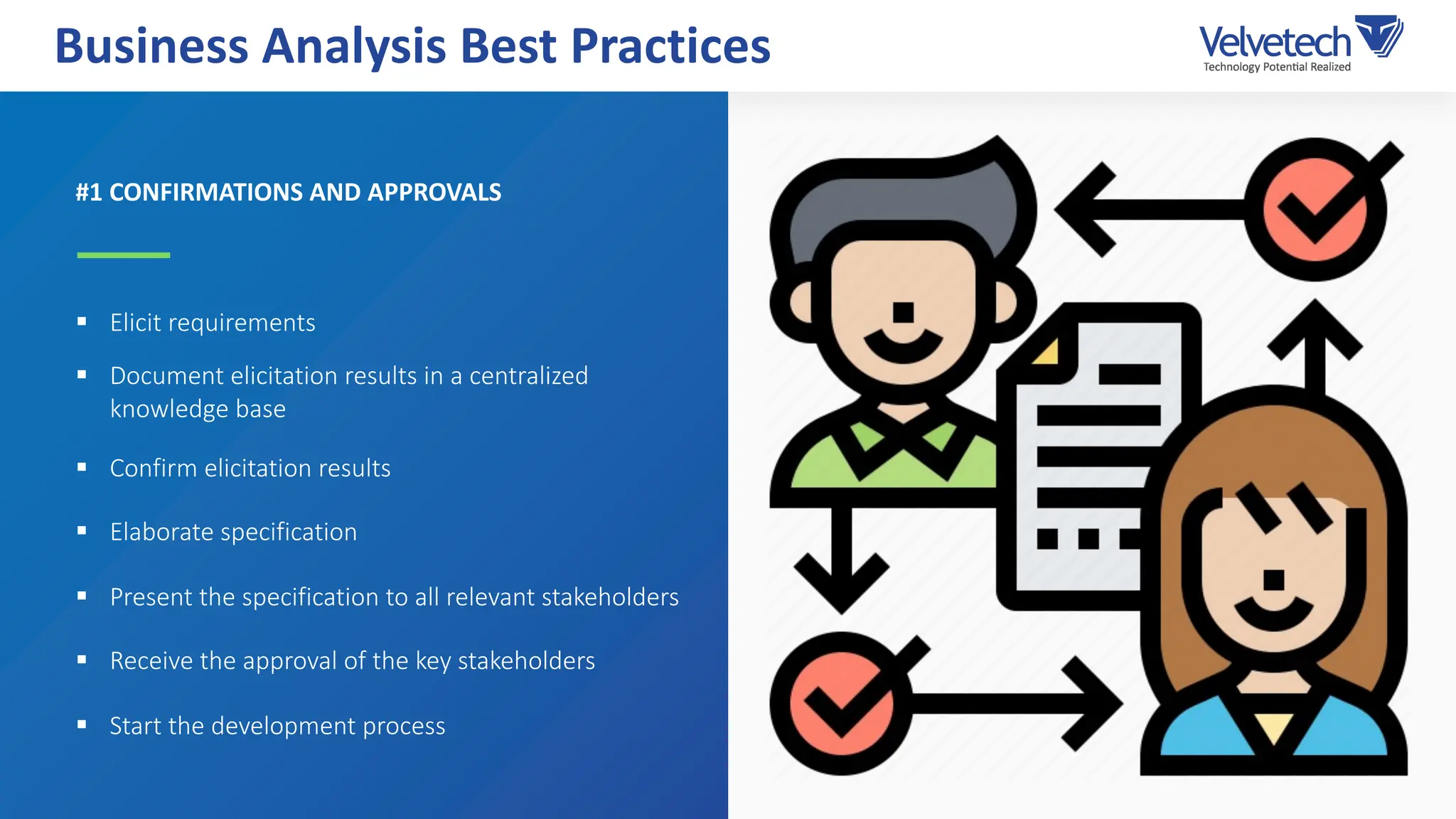 #1 CONFIRMATIONS AND APPROVALS
§ Elicit requirements
§ Document elicitation results in a centralized
knowledge base
§ Confirm elicitation results
§ Elaborate specification
§ Present the specification to all relevant stakeholders
§ Receive the approval of the key stakeholders
§ Start the development process
Business Analysis Best Practices
 