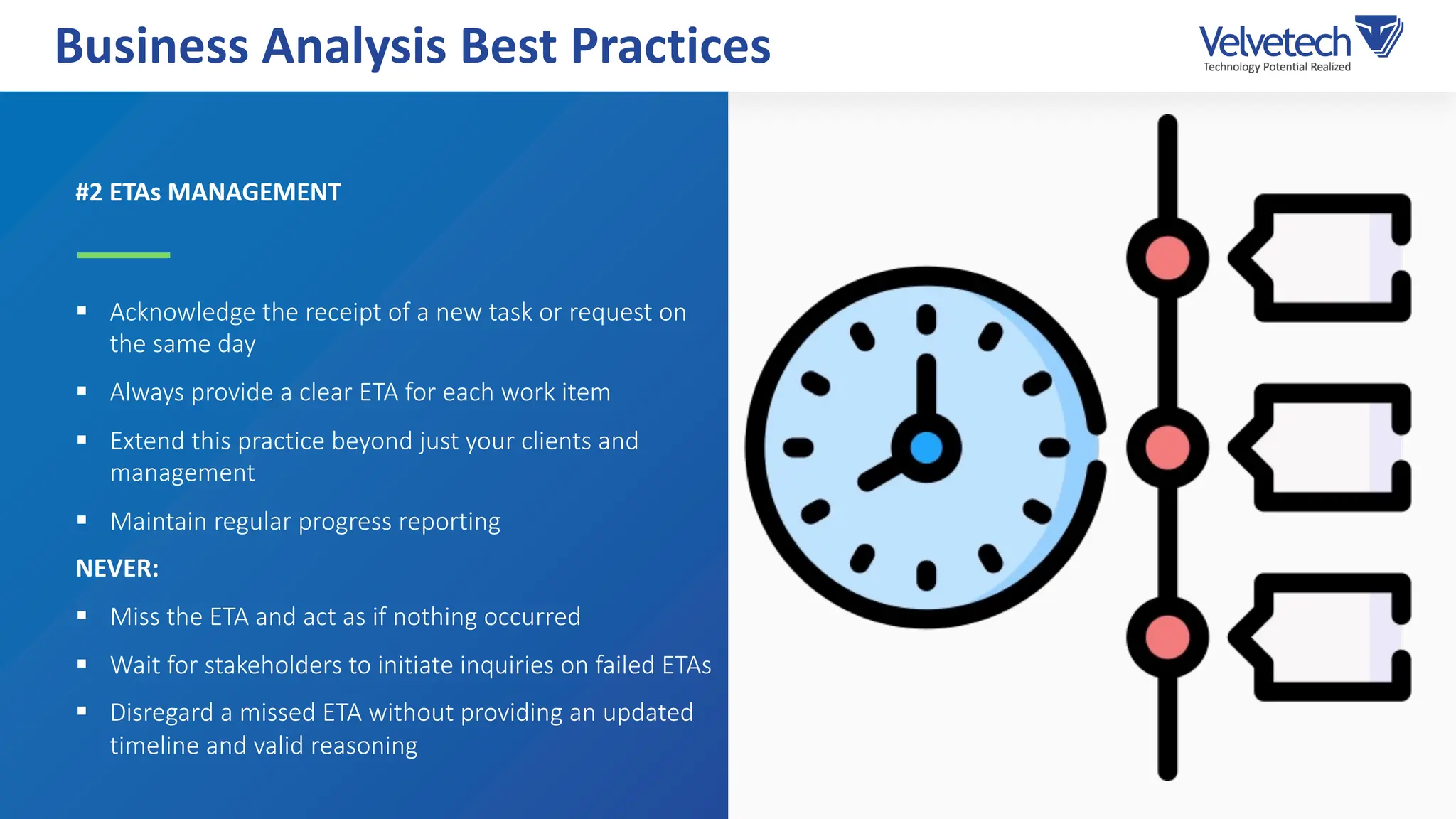 #2 ETAs MANAGEMENT
§ Acknowledge the receipt of a new task or request on
the same day
§ Always provide a clear ETA for each work item
§ Extend this practice beyond just your clients and
management
§ Maintain regular progress reporting
NEVER:
§ Miss the ETA and act as if nothing occurred
§ Wait for stakeholders to initiate inquiries on failed ETAs
§ Disregard a missed ETA without providing an updated
timeline and valid reasoning
Business Analysis Best Practices
 