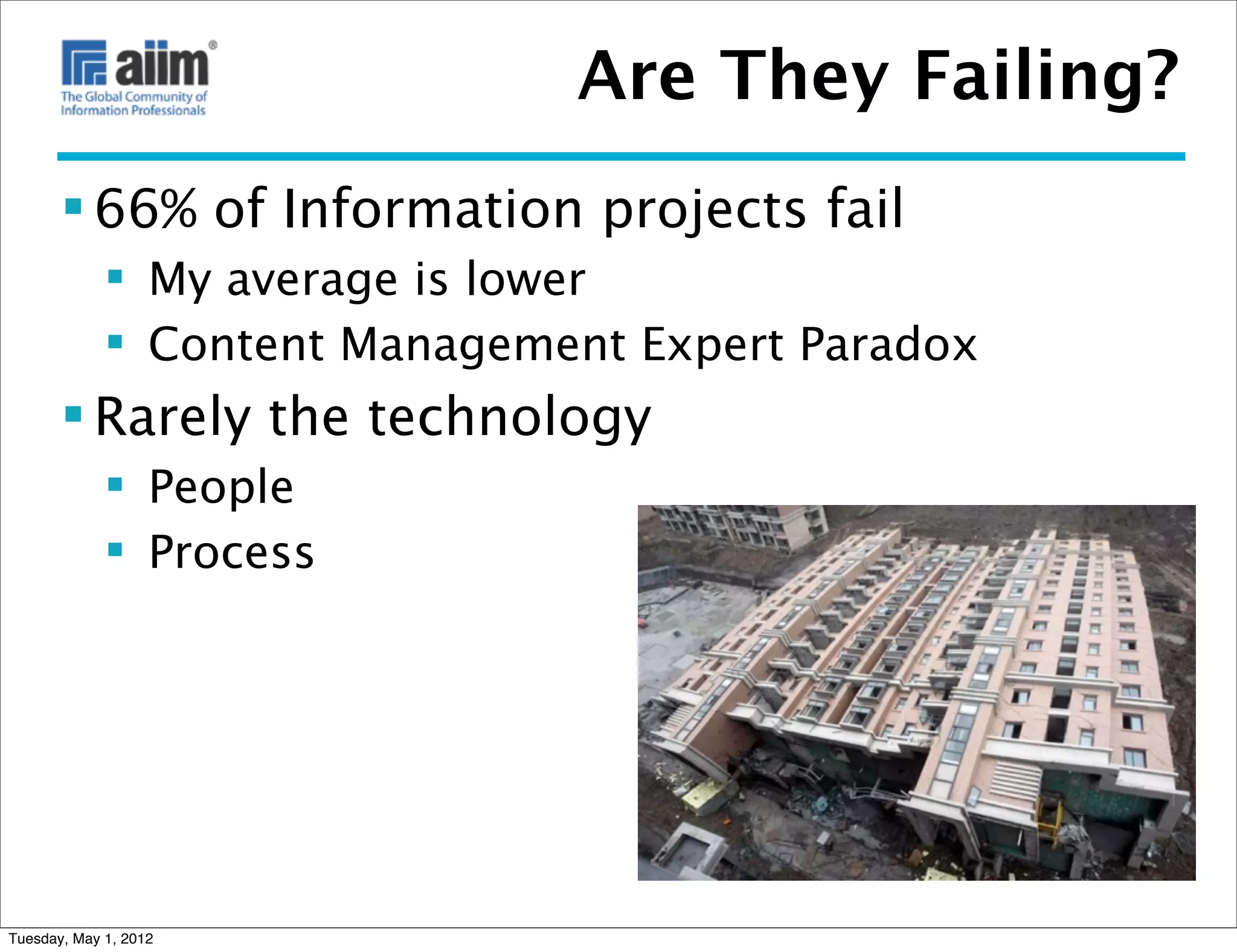 Are They Failing?
        66% of Information projects fail
              My average is lower
              Content Management Expert Paradox
        Rarely the technology
              People
              Process




Tuesday, May 1, 2012
 