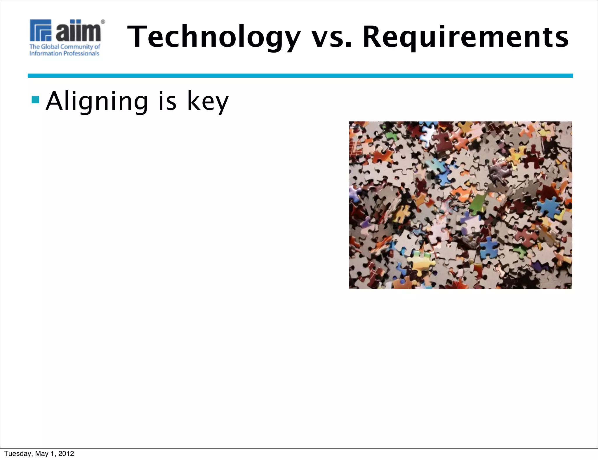 Technology vs. Requirements

        Aligning is key




Tuesday, May 1, 2012
 