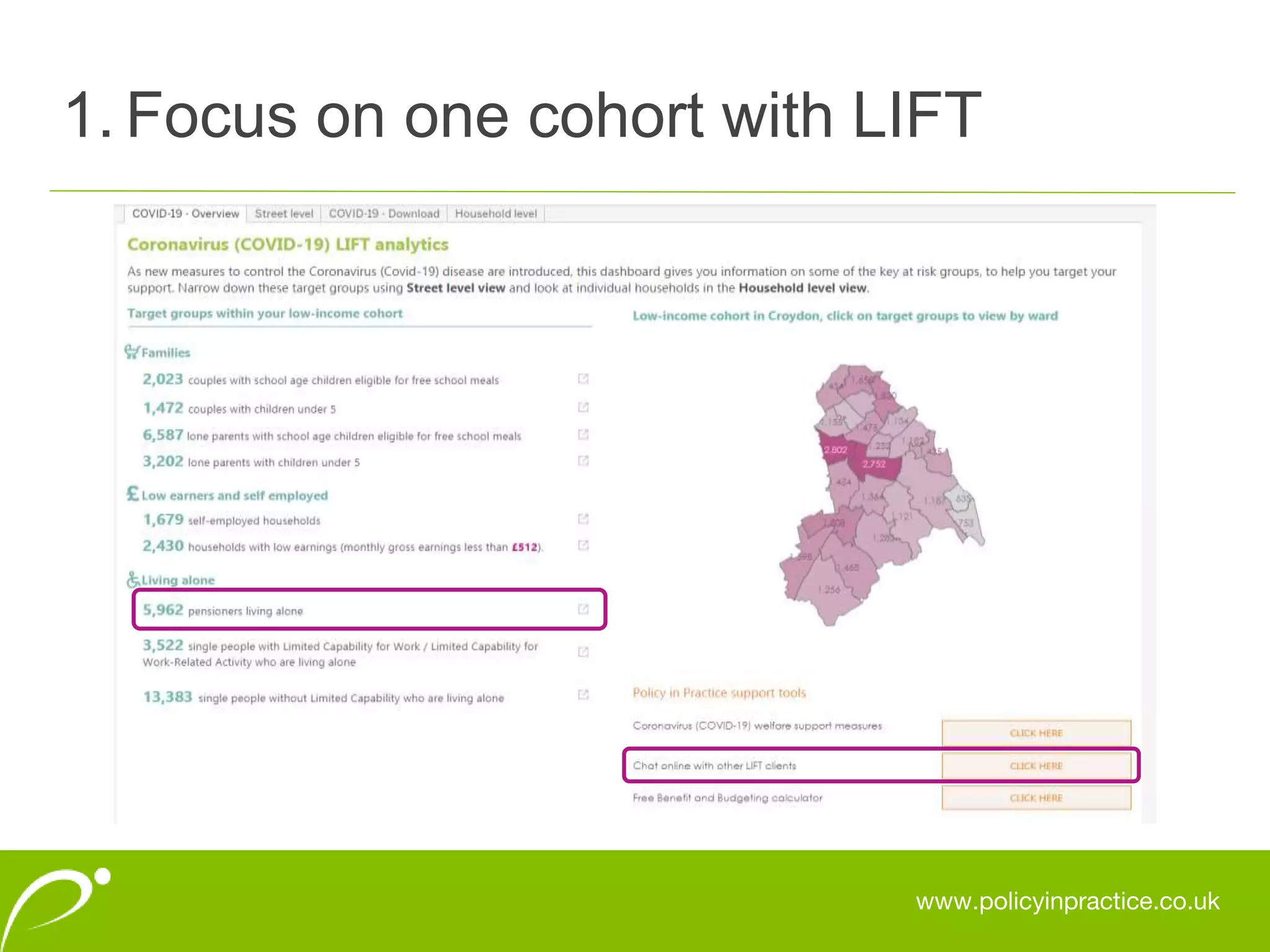 www.policyinpractice.co.uk
1. Focus on one cohort with LIFT
 