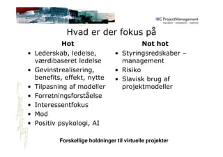 Hvad er der fokus på
Hot
• Lederskab, ledelse,
værdibaseret ledelse
• Gevinstrealisering,
benefits, effekt, nytte
• Tilpasning af modeller
• Forretningsforståelse
• Interessentfokus
• Mod
• Positiv psykologi, AI
Not hot
• Styringsredskaber –
management
• Risiko
• Slavisk brug af
projektmodeller
Forskellige holdninger til virtuelle projekter
 