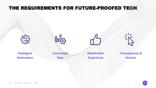4
THE REQUIREMENTS FOR FUTURE-PROOFED TECH
Intelligent
Automation
Connected
Data
Stakeholder
Experience
Transparency &
Access
 