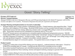 Good “Story Telling”

Want more info? Go to IvyExec.com/Resume or email us at Resumes@ivyexec.com

13

 