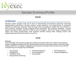 Sample Summary/Profile

Want more info? Go to IvyExec.com/Resume or email us at Resumes@ivyexec.com

9

 