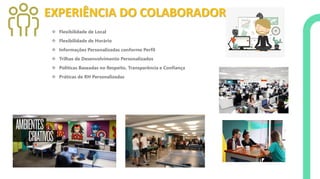 EXPERIÊNCIA DO COLABORADOR
❖ Flexibilidade de Local
❖ Flexibilidade de Horário
❖ Informações Personalizadas conforme Perfil
❖ Trilhas de Desenvolvimento Personalizados
❖ Políticas Baseadas no Respeito, Transparência e Confiança
❖ Práticas de RH Personalizadas
 