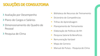 SOLUÇÕESDE CONSULTORIA
Avaliação por Desempenho
Plano de Cargos e Salários
Dimensionamento do Quadro de
Pessoal
Pesquisa de Clima
▪ Biblioteca de Recursos de Treinamento
▪ Dicionário de Competências
▪ Trilhas de Aprendizagem
▪ Planejamento de Treinamento
▪ Elaboração de Políticas de RH
▪ Pesquisa Salarial & Benefícios
▪ Remuneração Variável
▪ Mapa de Carreira
▪ Manual de Pulsos - Pesquisa de Clima
 