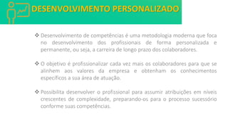 ❖ Desenvolvimento de competências é uma metodologia moderna que foca
no desenvolvimento dos profissionais de forma personalizada e
permanente, ou seja, a carreira de longo prazo dos colaboradores.
❖ O objetivo é profissionalizar cada vez mais os colaboradores para que se
alinhem aos valores da empresa e obtenham os conhecimentos
específicos a sua área de atuação.
❖ Possibilita desenvolver o profissional para assumir atribuições em níveis
crescentes de complexidade, preparando-os para o processo sucessório
conforme suas competências.
DESENVOLVIMENTO PERSONALIZADO
 