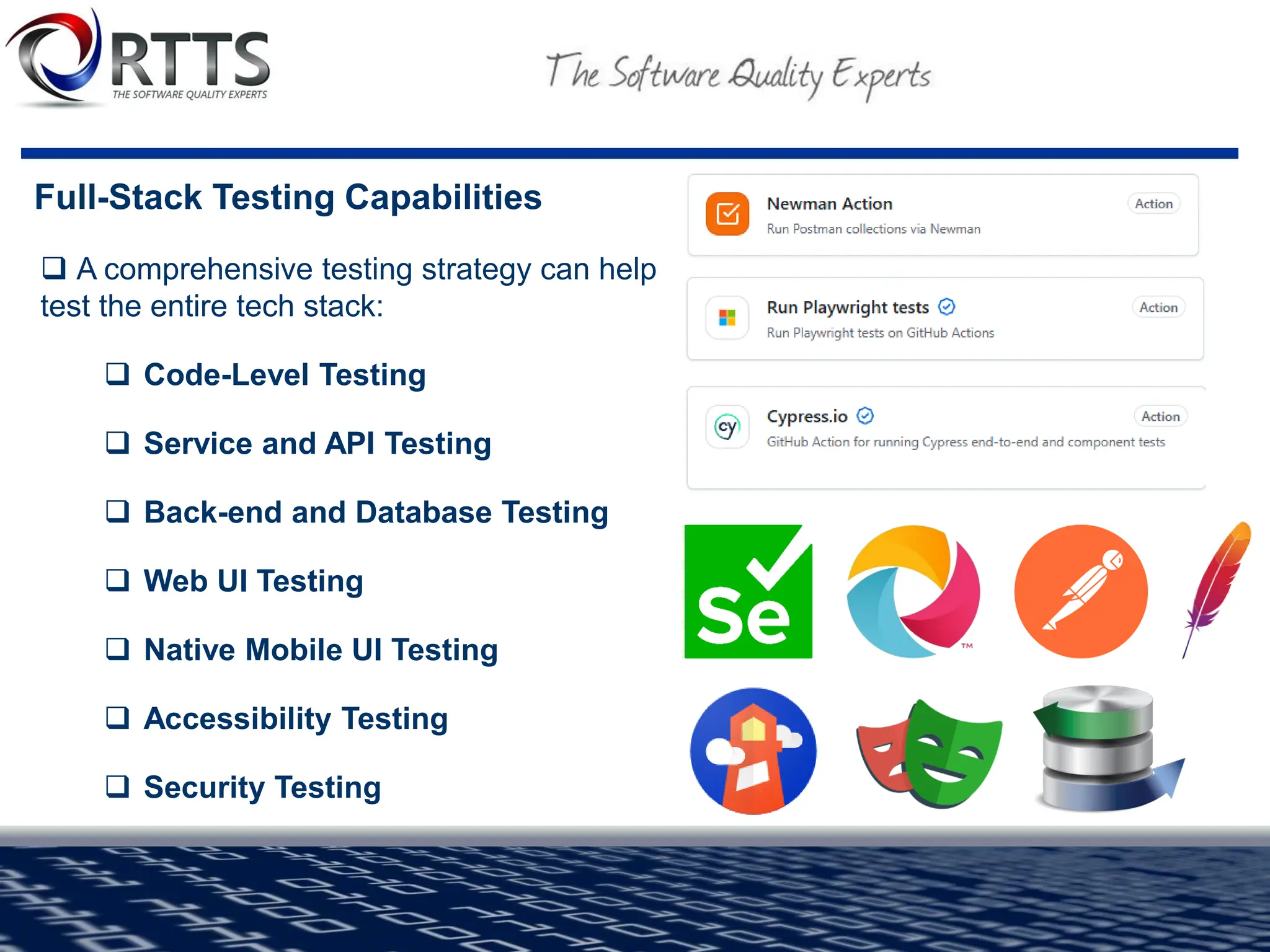 Full-Stack Testing Capabilities
❑ A comprehensive testing strategy can help
test the entire tech stack:
❑ Code-Level Testing
❑ Service and API Testing
❑ Back-end and Database Testing
❑ Web UI Testing
❑ Native Mobile UI Testing
❑ Accessibility Testing
❑ Security Testing
 
