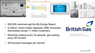 31© DataStax, All Rights Reserved.
• 850,000 customers get the My Energy Report.
• 2 million+ smart meters deployed, 200k connected
thermostats across 11 million customers
• Electricity reading every 10 seconds, gas reading
every 30 minutes
• 30 thousand messages per second
Use Cases: Internet of Things,
Messaging, Transactions, Authentication
 