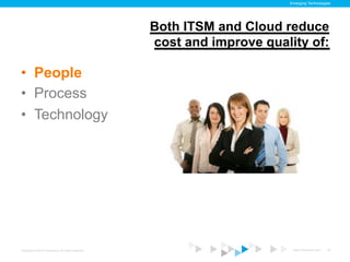 Emerging Technologies




                                                    Both ITSM and Cloud reduce
                                                    cost and improve quality of:

•  People
•  Process
•  Technology




Copyright © 2012 ITpreneurs. All rights reserved.                         www.ITpreneurs.com   30
 