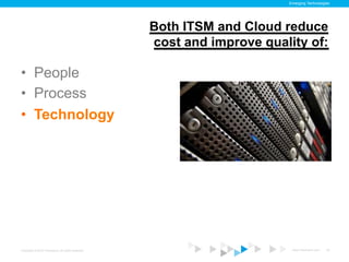 Emerging Technologies




                                                    Both ITSM and Cloud reduce
                                                    cost and improve quality of:

•  People
•  Process
•  Technology




Copyright © 2012 ITpreneurs. All rights reserved.                         www.ITpreneurs.com   32
 